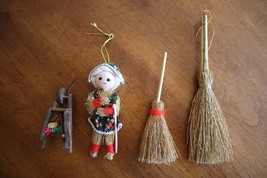 Vintage Wooden Straw Broom Christmas Ornament Doll Wood Wheelbarrow Lot - $9.50