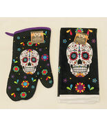 Sugar skull kitchen towel and oven mitt matching set Day of the Dead Hal... - $9.00