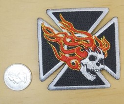Maltese Cross &amp; Flaming Skull IRON-ON/SEW-ON Embroidered Patch 2 7/8 &quot; X 2 7/8 &quot; - £3.92 GBP