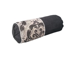 Vintage Bolster Pillow, Black Velvet, Black Grey Floral Jacquard, 6x16&quot; - $54.00