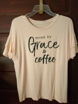 Women&#39;s Vine &amp; Love Saved by Grace &amp; Coffee pink ruffle short sleeve shi... - £11.65 GBP