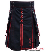 Scottish Handmade Black &amp; Red Cotton Hybrid Utility Kilt - Men&#39;s Fashion Kilt - £55.17 GBP+
