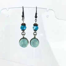 Blue Crystal Drop Dangle Earrings Blue Silver Tone Stone Handmade - £19.31 GBP