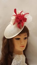 IVORY HAT FASCINATOR.  Feather Flower fascinator, Red and Ivory Fascinator.  Wed - £39.32 GBP
