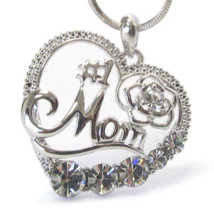 #1 MOM Crystal Heart Pendant Necklace White Gold Mother&#39;s Day - £10.57 GBP