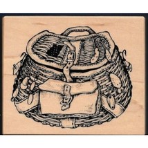 1995 PSX Rubber Stamp Fly Fishing Wicker Creel Wood Mounted 3 x 2.5 Inches - $16.03