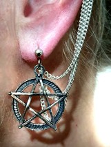 Pentacle Ear Cuff Stud and Chains Earring Pagan Wicca Sabbat Silver Pentagram - £9.46 GBP