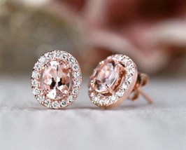 2Ct Oval Unique Cut Morganite &amp; Zircon Halo Stud Earrings 14K Rose Gold Over 925 - £58.56 GBP