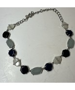 Talbots Choker Necklace Smooth Stone Silver Tone Ocean Blue Rhinestone A... - $24.30