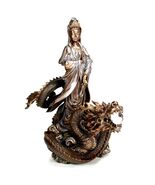 KWAN YIN ON DRAGON STATUE 12.5" Quan Yin Guan Buddha Goddess Mercy Bronze Resin - $121.46