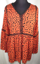 Avenue Tangerine Black Animal Print Bell Sleeve Boho Peasant Top Plus Si... - $39.99