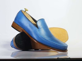 Handmade Men&#39;s Plain Elegant Party Blue Leather Loafers, Men Designer Mo... - £115.89 GBP+