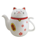 Japanese Maneki Neko Lucky Beckoning Cat Ceramic Tea Pot With Metal Stra... - $36.91 CAD