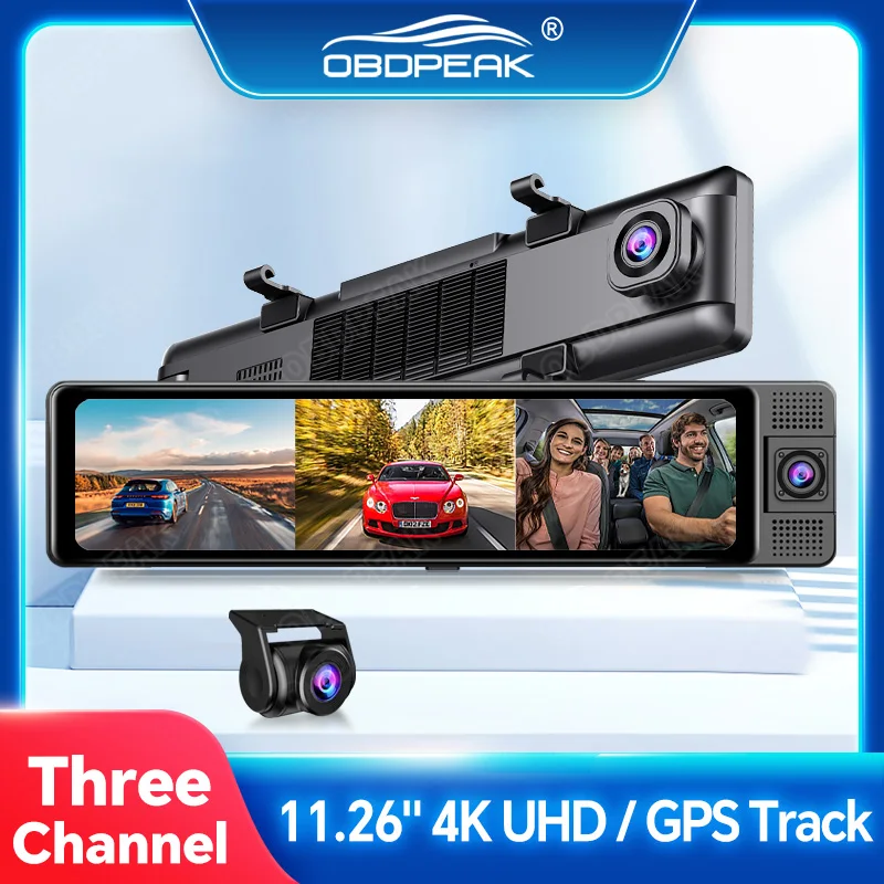 Obdpeak 3 Camera Dash Cam 4K Car Dvr Front Inside Rear 1080P Gps Tracking Night - £102.55 GBP+