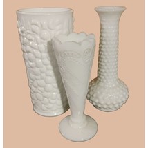 Vintage White Milk Glass Vase Set Hobnai Floral Patterns Lot - $24.40