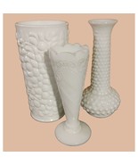 Vintage White Milk Glass Vase Set Hobnai Floral Patterns Lot - £19.22 GBP