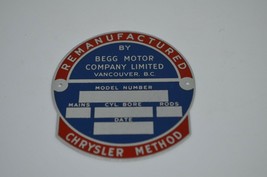 Begg Motor Company Car Tag Vancouver BC Chrysler Method Metal Plate Badg... - $33.68