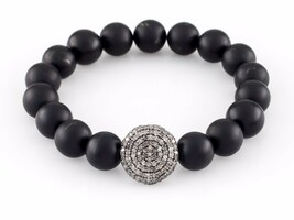Onyx Beaded Stretch Bracelet w/ Pave Diamond Charm! Nice Gift - $627.51
