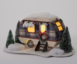 Christmas Trailer Figurine Retro Camper Lights Up Plaid Glitter Table Decoration image 2