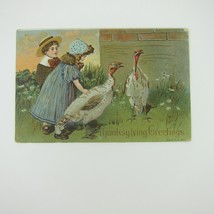 Thanksgiving Postcard Boy &amp; Girl Pets Wild Turkeys Embossed Antique - £7.96 GBP