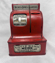 Vtg Red Durable Toys Metal Uncle Sam&#39;s 3 Coin Register Mechanical Piggy ... - $49.95