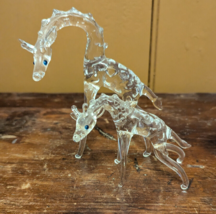 Crystal Giraffe Mother &amp; Baby Figurines Clear Art Glass Signed 1977 Mint... - $28.84