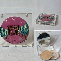 Arc de Triomphe Compact Painted Lucite Mirrored Make Up Powder Box With Puff - £63.42 GBP