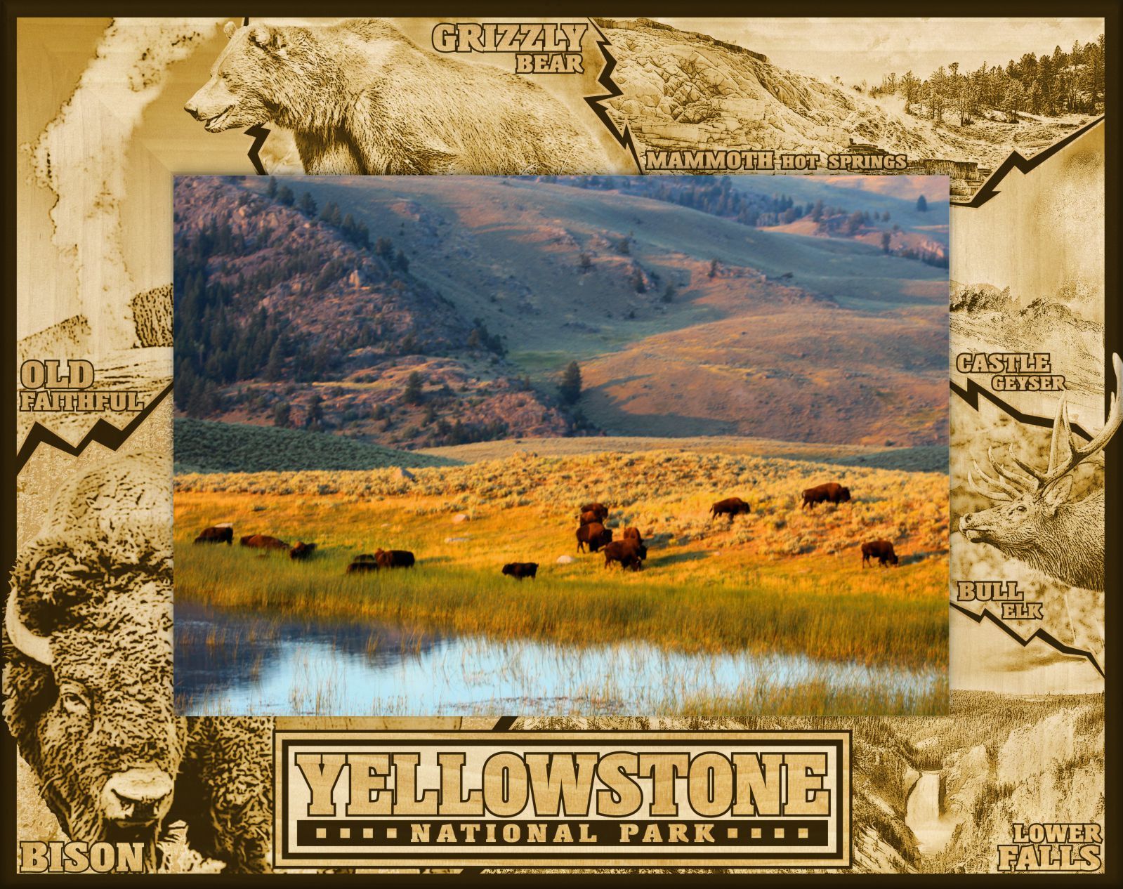 Primary image for Yellowstone National Park Laser Engraved Wood Picture Frame Landscape (4 x 6) 