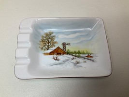 Vintage Ceramic Ashtray Hand Painted Winter Farm Scene Unmarked 7.5” x 5” - $13.75