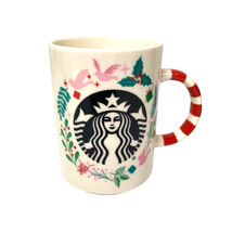 Starbucks 2018 Christmas 12oz Ceramic Mug Holiday Wreath SIREN Candy Cane Handle - £19.46 GBP