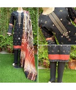 Pakistani  Black Printed Straight Shirt 3-PCS Lawn Suit w/ Threadwork ,L - $909.57 MXN