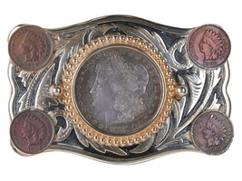Vintage Belt buckle with 1878 Morgan silver dollar and 1906 Indian Head ... - £85.63 GBP