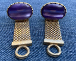 Art Deco Gold Tone Cufflinks Wraparound Mesh Chain Large Purple Stone - $12.58