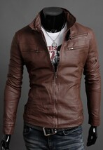 Handmade Men Brown Biker Leather Jacket With Tab Collar and Fastening Zi... - $2,546.82 MXN