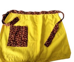 Handmade Floral Towel Half Apron Vintage Yellow Brown Tie Pocket 70s  - $9.45