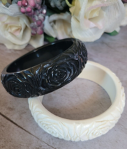 Vintage  Acrylic Molded Rose Carved Bangle Bracelets Off White &amp; Black S... - $28.98