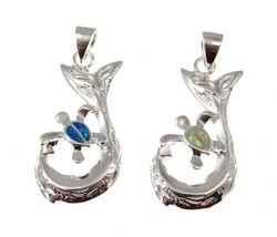 Solid 925 Sterling Silver Turtle Tail &amp; Hook Pendant w/ Blue or White Opal Inlay - £21.28 GBP