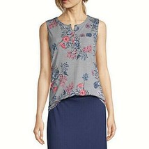 Liz Claiborne Women&#39;s Crew Neck Henley Tank Top SMALL Gray Floral With Pocket - £14.22 GBP