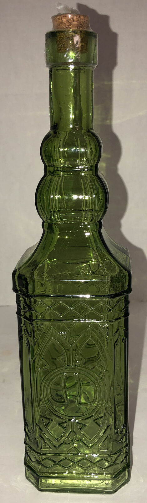 Holiday Glass Decorating Bottle 12 1/2”H Green w/Raised Design & Cork-NEW-SHIP24 - $19.68