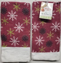 Set Of 2 Same Printed Kitchen TOWELS(15&quot;x25&quot;)CHRISTMAS Snowflakes On Burgundy,Hs - £8.77 GBP
