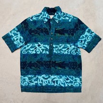Vintage IOLANI Men&#39;s Blue Green Half Button Aloha Hawaiian Shirt - Size Medium - £19.94 GBP