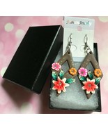 Earrings, Brown Diamond-shaped, Hand-painted Flowers, Silver-plated ear ... - £12.52 GBP