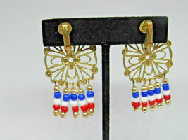 Vintage Gold tone Filigree Red White Blue Seed Bead drop dangle Clip On ... - $12.86