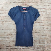 SAY WHAT? USA Womans Knit Top Size Large Blue Stretch 1/2 Front Buttons ... - £9.88 GBP