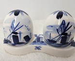 Delft Blue Hand Painted Egg Salt &amp; Pepper Shakers Set w/Underplate VTG W... - $11.87