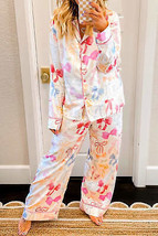 White Bow Knot Print Lapel Collar Wide Leg Satin Pajama Set - $58.99