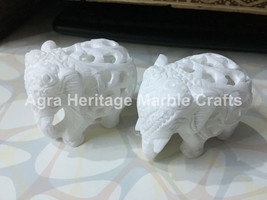 2.5&quot; Marble Pair Elephants Filigree Hand Carved Handmade Work Home Decor... - $113.85