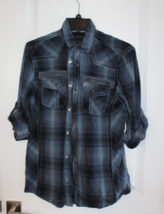 Inc International Concepts Snap Front 3/4 Roll Up Sleeve blue Gray Plaid Shirt S - £19.60 GBP
