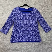 Chicos Womens Top Size 1 Medium Blue Burnout 3/4 Sleeve Stretch Filigree Print - £10.46 GBP