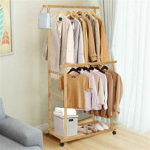 Rolling Double Rail Clothes Rack Bamboo Garment Stand Coat Hangers with ... - £37.02 GBP
